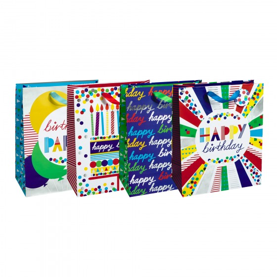 Medium Birthday Party Gift Bags (Silver Hot Stamp); 4 Bag Assortment