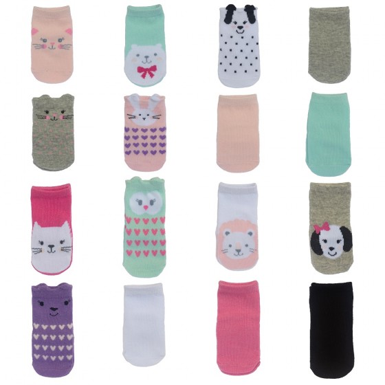Little Me 16pk Baby Girls Socks, Animal Theme & Solid Colors; 8 Pairs 0-12M & 8 Pairs 12-24M